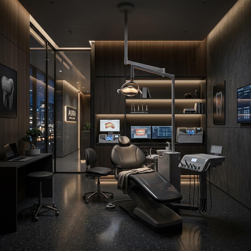 A dental treatment room at night, chair and equipment under warm light