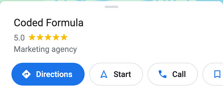 Coded Formula on Google Maps: 5.0 rating from 4 reviews, marketing agency