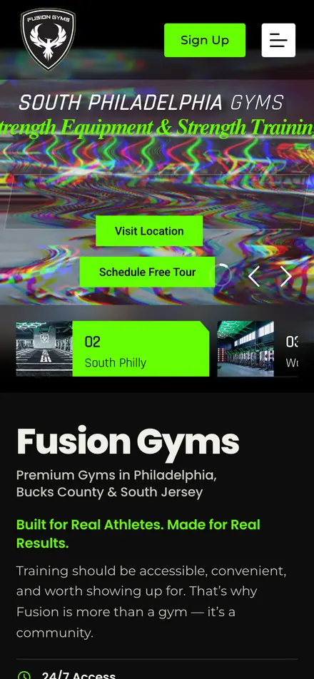 Fusion Gyms's website on an iPhone